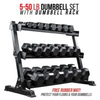 Rep Rubber Hex Dumbbell Set with Racks, 5-50 Dumbbell Set with 1 Rack, 5-75 Set with 2 Racks, 5-100 Set with 2 Racks, 55-75 with 1 Rack, 55-100 with 1 Rack, 80-100 with 1 Rack, or 105-125 with 1 Rack