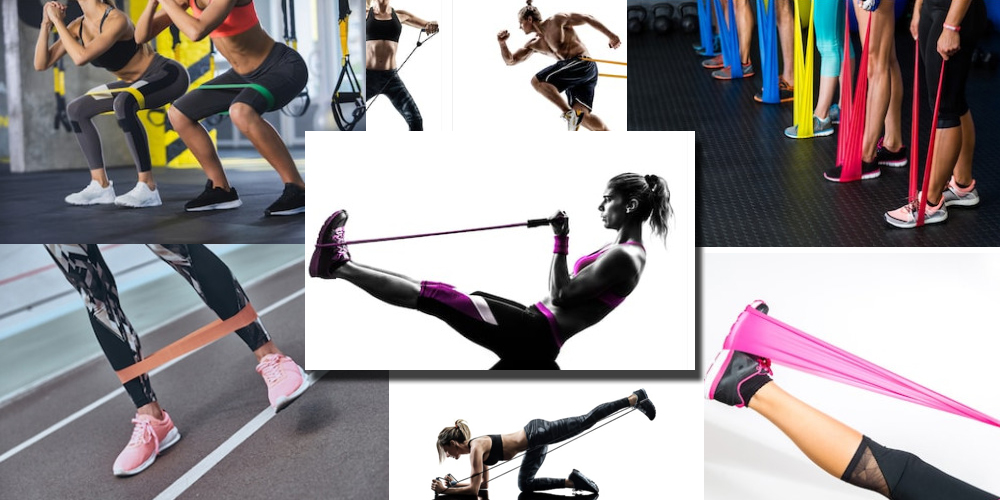 collage of people exercising with resistance bands