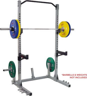 Sunny Health & Fitness Power and Squat Rack with High Weight Capacity, Olympic Weight Plate Storage and 360° Swivel Landmine and Power Band Attachment