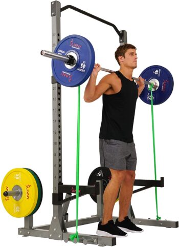 Sunny Health & Fitness Power and Squat Rack with High Weight Capacity, Olympic Weight Plate Storage and 360° Swivel Landmine and Power Band Attachment - Image 3