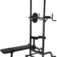 Amikadom Power Tower with Bench Pull Up Bar Dip Station Sit up Bench Height Adjustable Pull Up Tower for Home Gym Strength Training Exercise Workout Equipment, Support Up to 330LBS