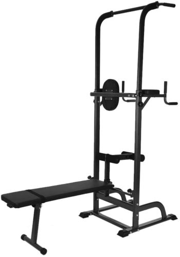 Amikadom Power Tower with Bench Pull Up Bar Dip Station Sit up Bench Height Adjustable Pull Up Tower for Home Gym Strength Training Exercise Workout Equipment, Support Up to 330LBS