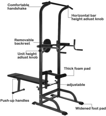 Amikadom Power Tower with Bench Pull Up Bar Dip Station Sit up Bench Height Adjustable Pull Up Tower for Home Gym Strength Training Exercise Workout Equipment, Support Up to 330LBS