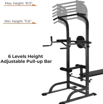 Amikadom Power Tower with Bench Pull Up Bar Dip Station Sit up Bench Height Adjustable Pull Up Tower for Home Gym Strength Training Exercise Workout Equipment, Support Up to 330LBS