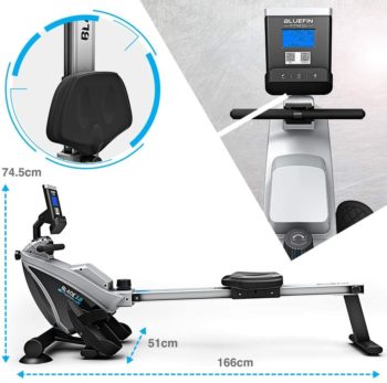 Bluefin Fitness Rower Machine Blade Home Gym Foldable | Magnetic Resistance Rower | 8 x Tension Levels | Smooth Belt Drive | LCD Digital Fitness Console | Smartphone App | Black & Grey Silver