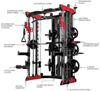 Commercial Home Gym - Smith Machine, Cables with Built in 160 kg Weights (Deluxe Red)