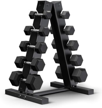 Epic Fitness 150-Pound Hex Dumbbell Set with Heavy Duty A-Frame Rack