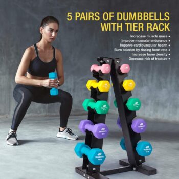 Fitness Alley Neoprene Dumbbells A Frame Rack - Free Weights Hex Hand Weights - Gym Exercise 5 Pairs Set with 5 Tier Rack
