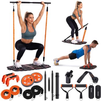 Gonex Portable Home Gym Workout Equipment with 10 Exercise Accessories Ab Roller Wheel,Elastic Resistance Bands,Push-up Stand,Post Landmine Sleeve and More for Full Body Workouts System