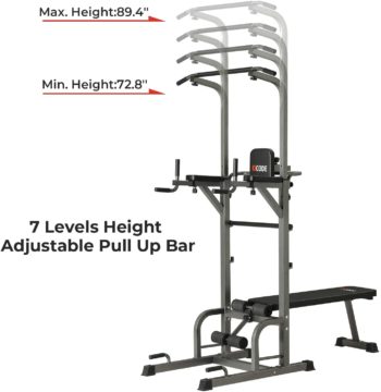 Kicode Power Tower with Bench, Pull Up Bar Dip Station, Height Adjustable Pull Up Tower for Home Gym Strength Training Exercise Workout Equipment, Support Up to 400LBS