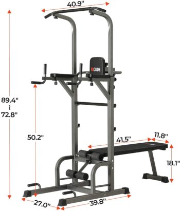 Kicode Power Tower with Bench, Pull Up Bar Dip Station, Height Adjustable Pull Up Tower for Home Gym Strength Training Exercise Workout Equipment, Support Up to 400LBS
