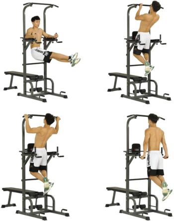 Kicode Power Tower with Bench, Pull Up Bar Dip Station, Height Adjustable Pull Up Tower for Home Gym Strength Training Exercise Workout Equipment, Support Up to 400LBS