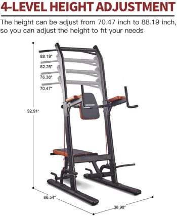 Power Tower Dip Station Multi-Function Pull Up Bar with Bench Adjustable Height Strength Training Exercise Equipment for Home Gym