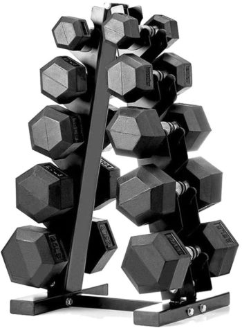 papababe Dumbbell Set with A-Frame Dumbbell Rack Rubber Encased Hex Dumbbell Free Weights Dumbbells Set Home Weight Set (A Pair of 5 10 15 20 25 LB Dumbbell with Dumbbell Rack)