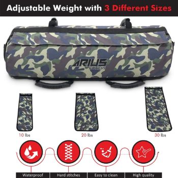 Arius Fitness Heavy Duty Workout Sandbag for Fitness with 3 Adjustable Filler Bags (10 to 60 lbs) & Jump Rope