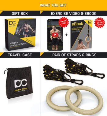 Double Circle Wood Gymnastic Rings with Quick Adjust Numbered Straps and Exercise Videos Guide for Full Body Workout, Crossfit, and Home Gym