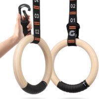 Gonex Wooden Gymnastic Rings with Adjustable Number Straps, Crossfit Rings for Gym, Workout, Exercise, Outdoor Training, Quick Install Carabiner, 8.5 ft Straps Pull Up Non-Slip Rings