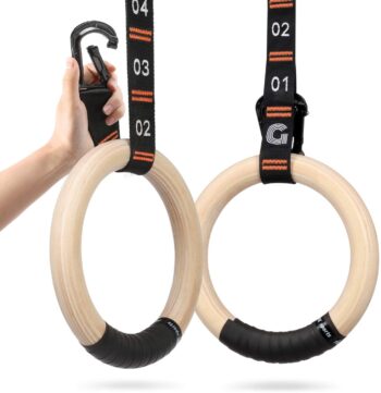 Gonex Wooden Gymnastic Rings with Adjustable Number Straps, Crossfit Rings for Gym, Workout, Exercise, Outdoor Training, Quick Install Carabiner, 8.5 ft Straps Pull Up Non-Slip Rings