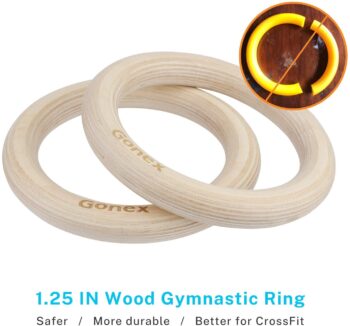 Gonex Wooden Gymnastic Rings with Adjustable Number Straps, Crossfit Rings for Gym, Workout, Exercise, Outdoor Training, Quick Install Carabiner, 8.5 ft Straps Pull Up Non-Slip Rings