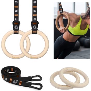 Gonex Wooden Gymnastic Rings with Adjustable Number Straps, Crossfit Rings for Gym, Workout, Exercise, Outdoor Training, Quick Install Carabiner, 8.5 ft Straps Pull Up Non-Slip Rings