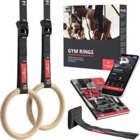 Gymnastic Rings Set Wood + Door Anchor Attachment, Exercise eBook & Adjustable Safety Straps + Length Markings | Wooden Olympic Gym Gymnastics Athletic Fitness | Home Workout Muscle Training Equipment