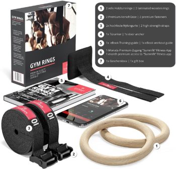 Gymnastic Rings Set Wood + Door Anchor Attachment, Exercise eBook & Adjustable Safety Straps + Length Markings | Wooden Olympic Gym Gymnastics Athletic Fitness | Home Workout Muscle Training Equipment