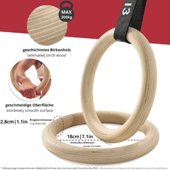 Gymnastic Rings Set Wood + Door Anchor Attachment, Exercise eBook & Adjustable Safety Straps + Length Markings | Wooden Olympic Gym Gymnastics Athletic Fitness | Home Workout Muscle Training Equipment