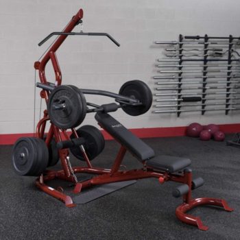Body-Solid GLGS100 Corner Leverage Gym for Strength Training, 3 Station Exercise Equipment,Red