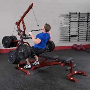 Body-Solid GLGS100 Corner Leverage Gym for Strength Training, 3 Station Exercise Equipment,Red