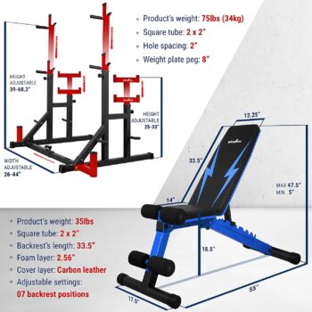 STOZM Home Fitness Station with Weight Training Set of 14-Gauge Steel Adjustable Barbell Rack with Weight Plate Storage, Dip Bar Station, Barbell Holder & T-Bar Row Landmine Support & Adjustable Weight Bench Foldable