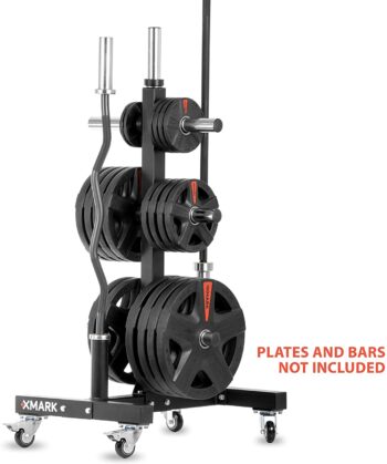 XMark Commercial Olympic Weight Plate Tree or Bumper Plate Tree, Vertical Storage Tree, 750 lb Capacity, with Two Bar Holders and Transport Wheels