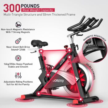 JOROTO Belt Drive Indoor Cycling Bike with Magnetic Resistance Exercise Bikes Stationary ( 300 Lbs Weight Capacity )