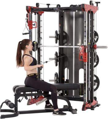 Altas Strength Home Gym Smith Machine with Pulley System Gym Squat Rack Pull Up Bar Upper Body Strength Training Leg Developer Light Commercial Fitness Equipment Included Accessories 3058