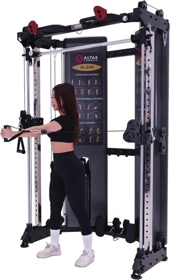 Altas Strength Folding Home Gym Smith Machine with Pulley System Gym Squat Rack Weight Bar Upper Body Strength Training Leg Developer Commercial Fitness Equipment Included Accessories 3101