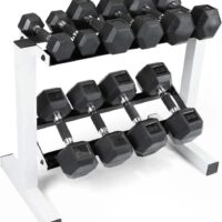 WF Athletic Supply 5-25Lb Rubber Coated Hex Dumbbell Set with Two Tier Storage Rack Non-Slip Hex Shape for Muscle Toning, Strength Building & Weight Loss - Multiple Choices Available