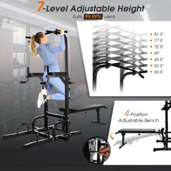 Goplus Power Tower with Bench, Multifunctional Home Gym Pull Up Bar Stand Dip Station w/ 7 Adjustable Heights & Foldable Weight Bench, Full Body Strength Training Fitness Equipment Chin Up Tower