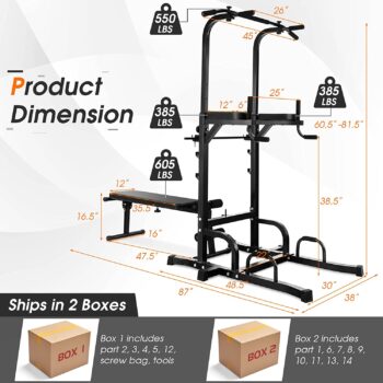 Goplus Power Tower with Bench, Multifunctional Home Gym Pull Up Bar Stand Dip Station w/ 7 Adjustable Heights & Foldable Weight Bench, Full Body Strength Training Fitness Equipment Chin Up Tower