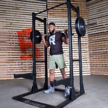 Heavy Duty Strength Training, Extended Half Rack Package with Lat, Bench, 300 lb. Weight Set, Mats, by Rugged Strength & Fitness