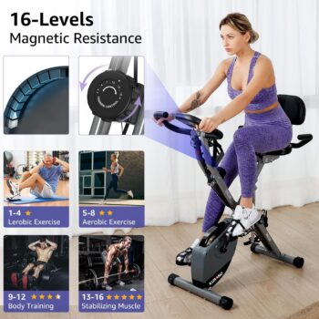 BARWING Stationary Exercise Bike for Home Workout | 4 IN 1 Foldable Indoor Cycling Bike for Seniors | 330LB Capacity, 16-Level Magnetic Resistance, Seat Backrest Adjustments