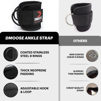 DMoose Ankle Strap for Cable Machine Attachments - Rust Resistant Coated Black D Rings Gym Ankle Cuff for Kickbacks, Glute Workouts, Leg Extensions, Curls, Booty Hip Abductors Exercise for Men & Women