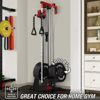 ER KANG Cable Station Wall Mount, 18 Height Pulley Tower, Dual Pulley System, High and Low Cable Machine, LAT Pull-Down & LAT Row LAT Tower with Flip-Up Footplate, Home Gym Cable Crossover(Red)