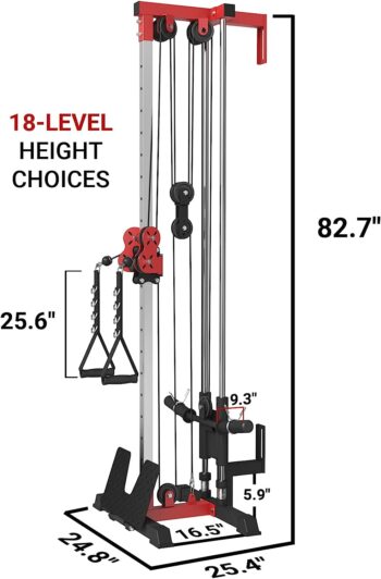 ER KANG Cable Station Wall Mount, 18 Height Pulley Tower, Dual Pulley System, High and Low Cable Machine, LAT Pull-Down & LAT Row LAT Tower with Flip-Up Footplate, Home Gym Cable Crossover(Red)