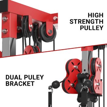 ER KANG Cable Station Wall Mount, 18 Height Pulley Tower, Dual Pulley System, High and Low Cable Machine, LAT Pull-Down & LAT Row LAT Tower with Flip-Up Footplate, Home Gym Cable Crossover(Red)