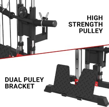 ER KANG Cable Station Wall Mount, 18 Height Pulley Tower, Dual Pulley System, High and Low Cable Machine, LAT Pull-Down & LAT Row LAT Tower with Flip-Up Footplate, Home Gym Cable Crossover(Red)