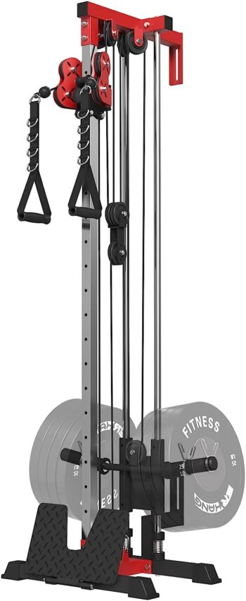 ER KANG Cable Station Wall Mount, 18 Height Pulley Tower, Dual Pulley System, High and Low Cable Machine, LAT Pull-Down & LAT Row LAT Tower with Flip-Up Footplate, Home Gym Cable Crossover(Red)