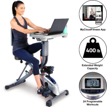 EXERPEUTIC EXERWORK 2000i Bluetooth Folding Exercise Desk Bike with 24 Workout Programs and Free App