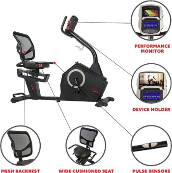 Sunny Health & Fitness Magnetic Resistance Recumbent Bike with Optional Exclusive SunnyFit™ App and Smart Bluetooth Connectivity