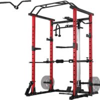 ER KANG Power Cage, 1200LBS Power Rack with LAT Pulldown, Multi-Function Squat Cage, Weight Cage with Pulley System Squat Rack for Home Gym with Training Attachment