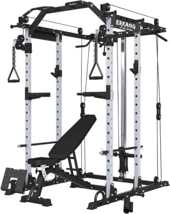 ER KANG Power Cage, 1500LBS Power Rack Cage with Cable Crossover System, Multi-Function Workout Weight Cage Home Gym(Power Cage with Bench)