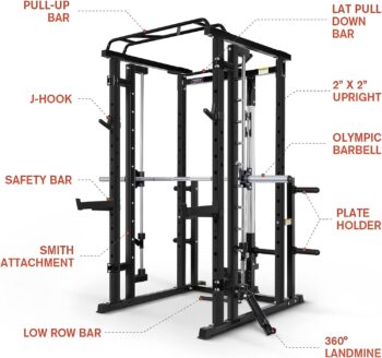 RitFit Multi-Function Smith Machine Power Cage, 1000LBS Power Rack and Packages with Optional Weight Bench, Olympic Barbell and Weight Plates Set, and More Strength Training Attachments, for Home Gym
